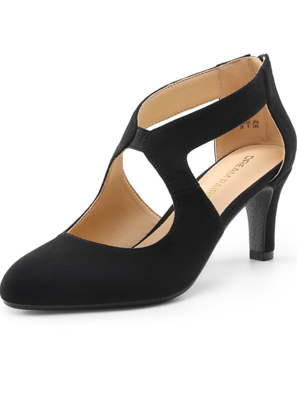 NIB Dream Pairs Black Faux Suede Cutout TCriss Cross Mid Heel Pump - 7